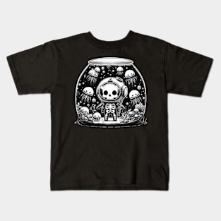 Kawaii Skeleton Diver With jellyfish in Aquarium Kids T-Shirt